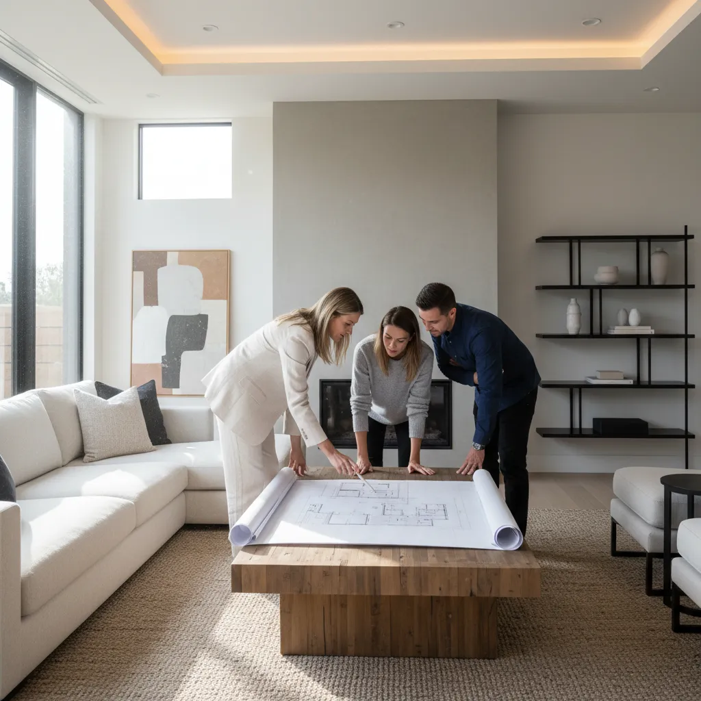 Diseñador mostrando planos de distribución a un cliente en una vivienda