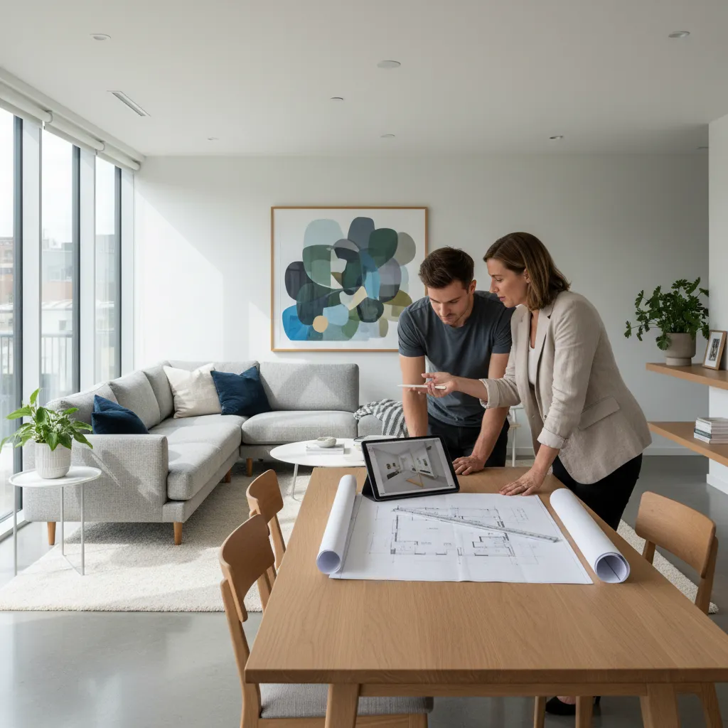 Diseñador analizando la distribución de un salón con planos y tablet
