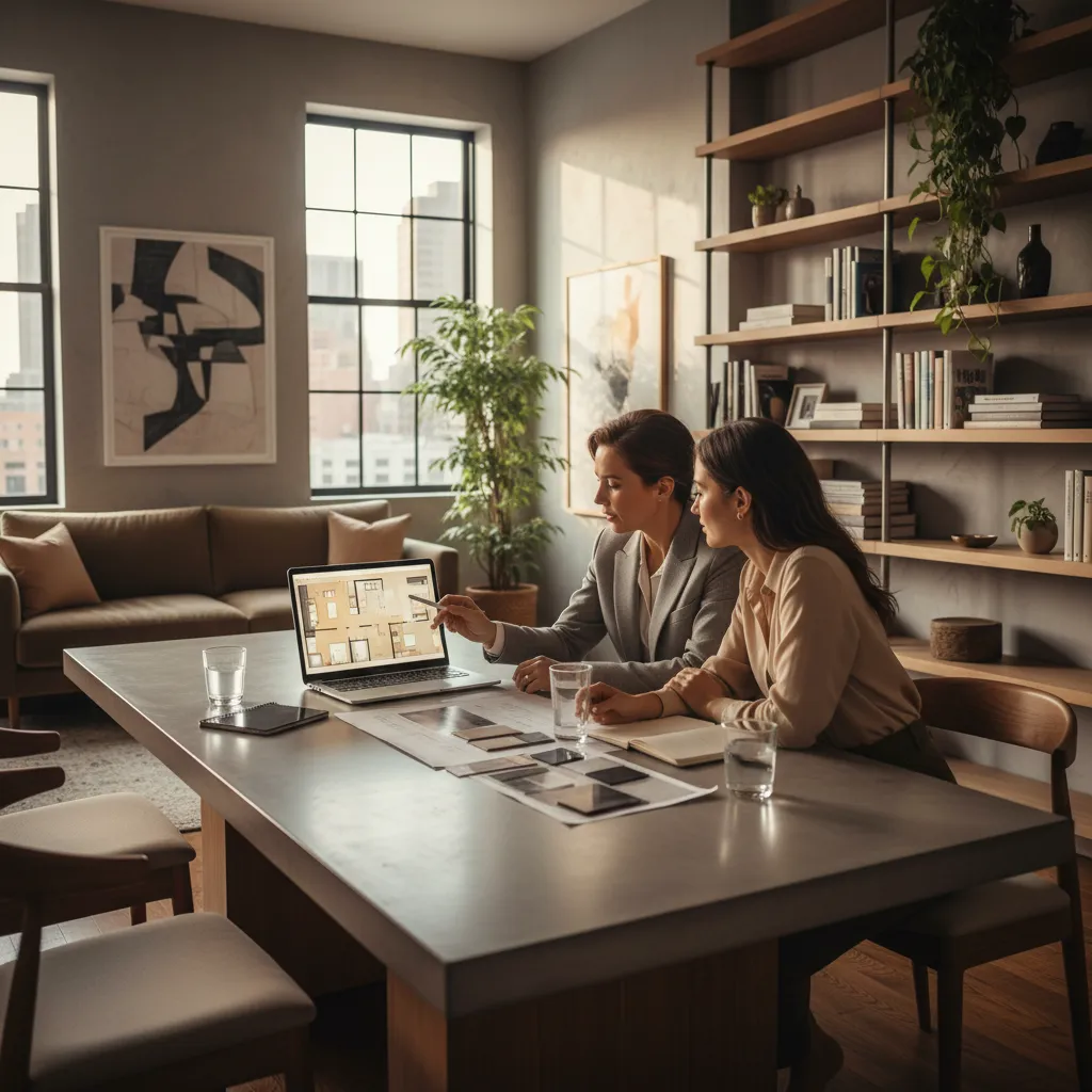 Diseñador de interiores asesorando a clientes en la distribución de una vivienda