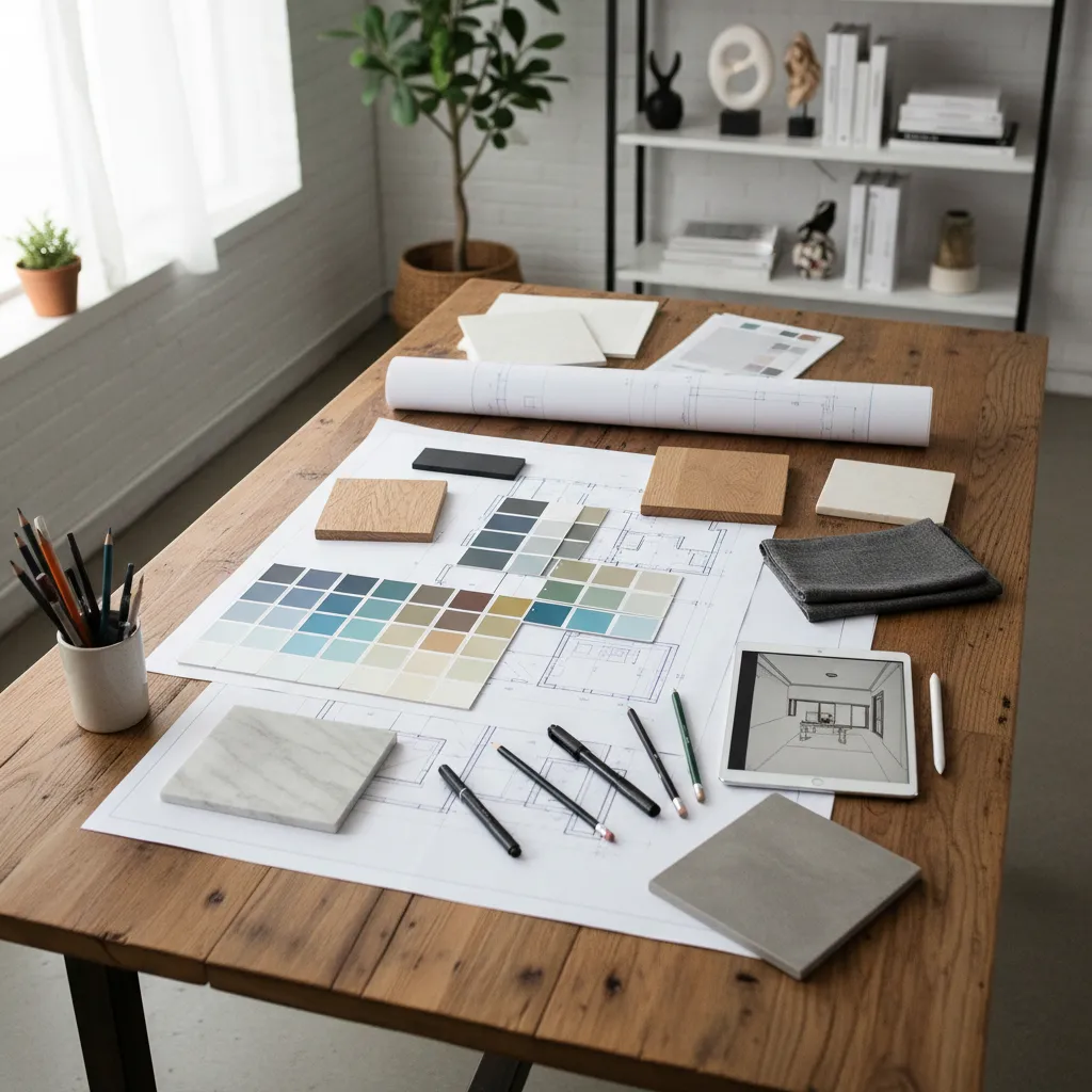 Planos de distribución y muestras de colores sobre una mesa de trabajo de diseño interior
