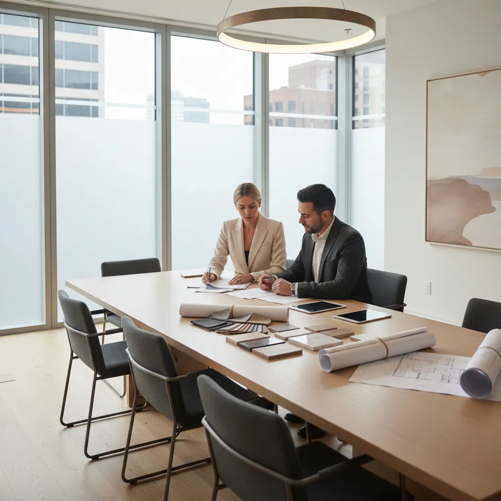 homeowner and interior designer discussing renovation contract and budget