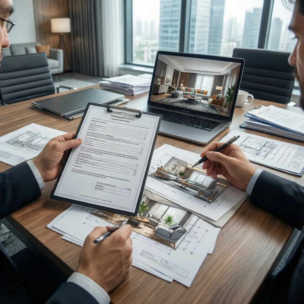 Reunión entre diseñador y cliente revisando contrato de proyecto de interiores