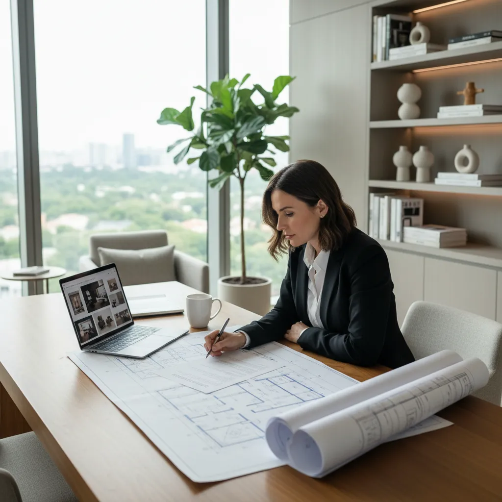 homeowner reviewing interior design contract and floor plans at desk