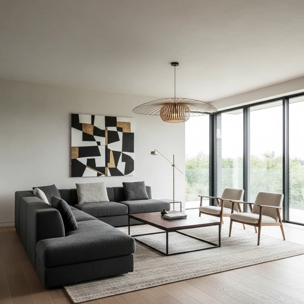 Modern living room with grey sofa wood coffee table beige armchairs and a ceiling light