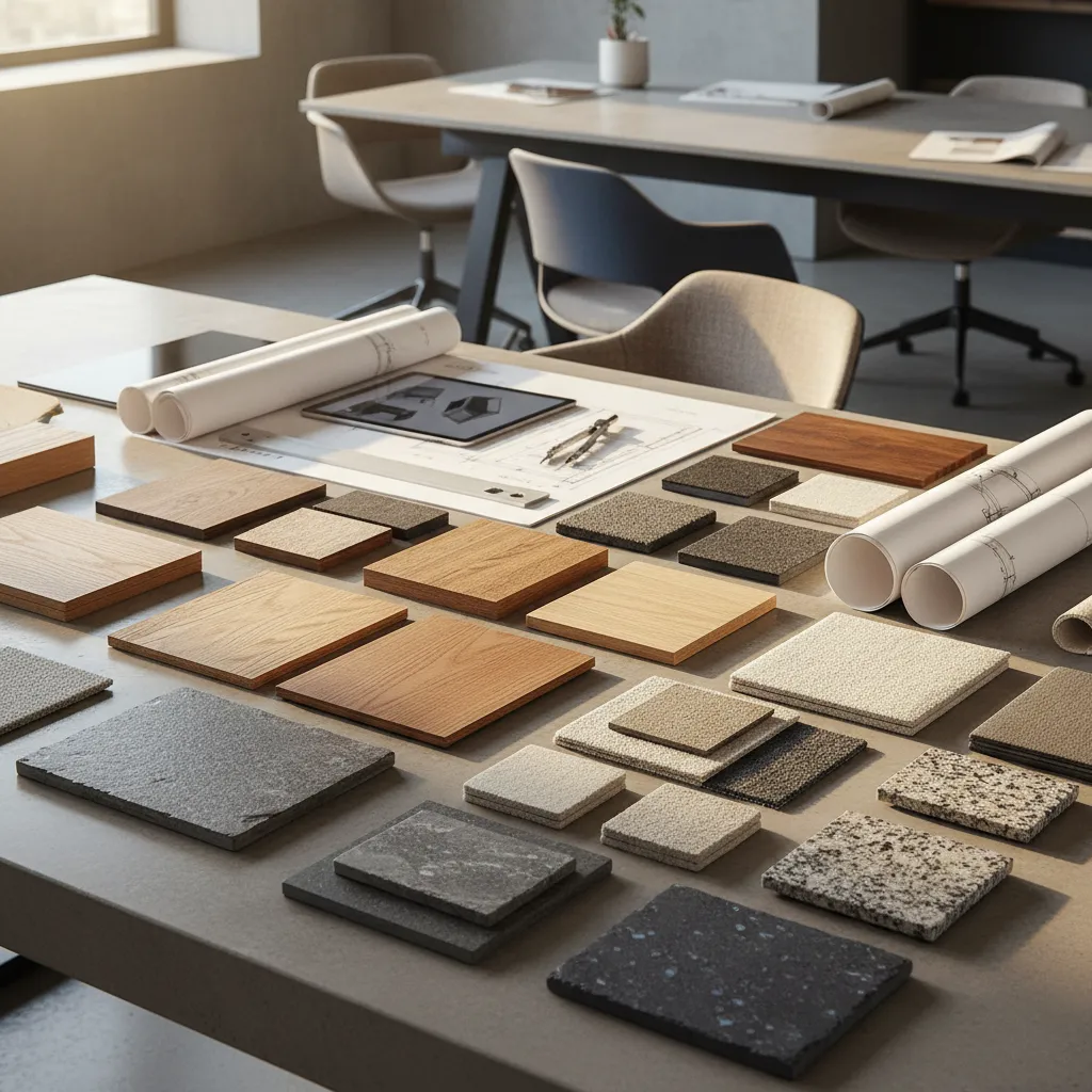 Mesa con muestras de materiales de interiorismo y planos
