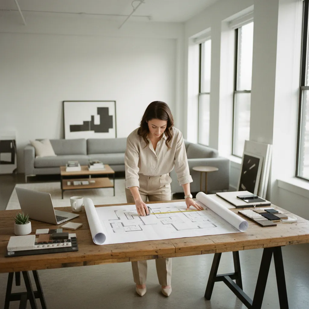 Woman measuring floor plan paper on wooden table using yellow tape measure in modern office