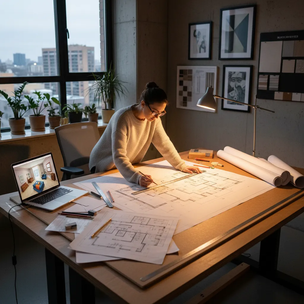 Diseñador trabajando en planos de distribución de un apartamento