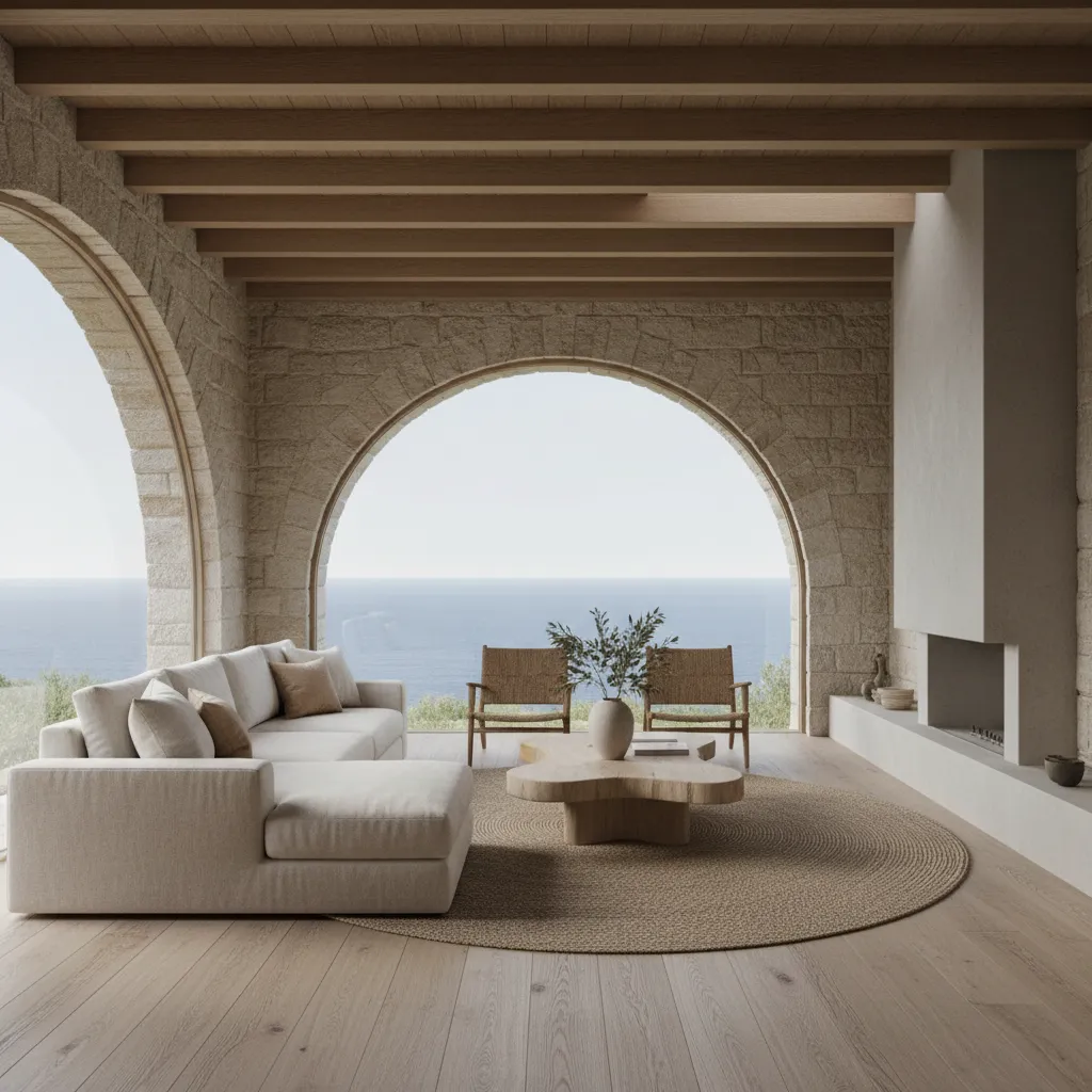 Mediterranean living room with stone walls, arched windows, sea view, sofa, and a wooden table