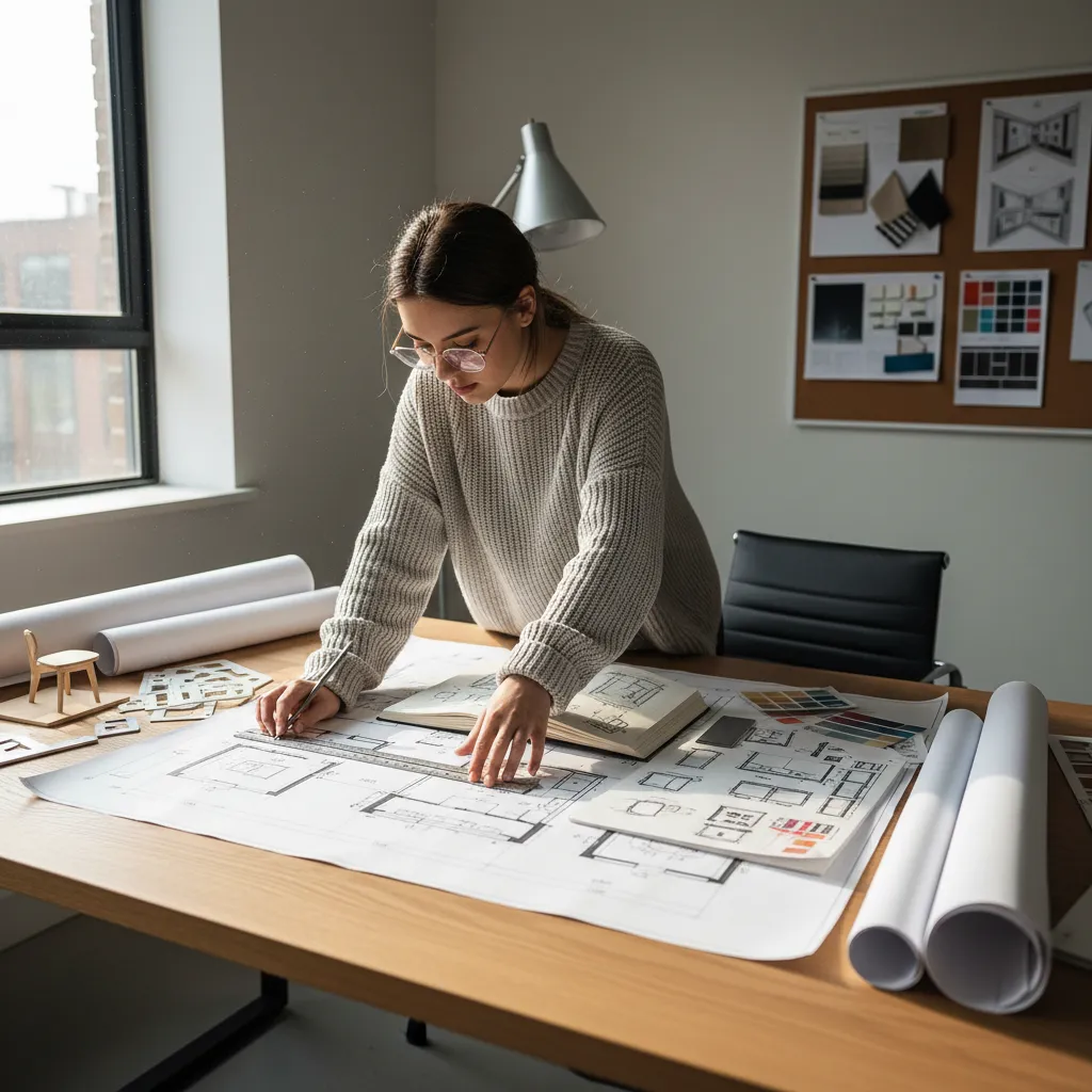 Estudiante analizando planos de distribución de una vivienda en un curso de diseño interior
