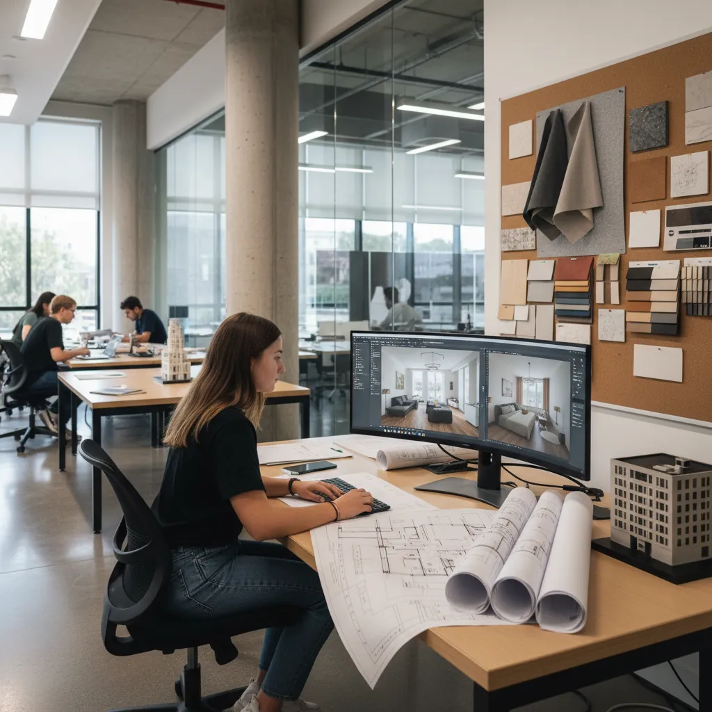 Estudiante aprendiendo planificación de interiores con planos y ordenador