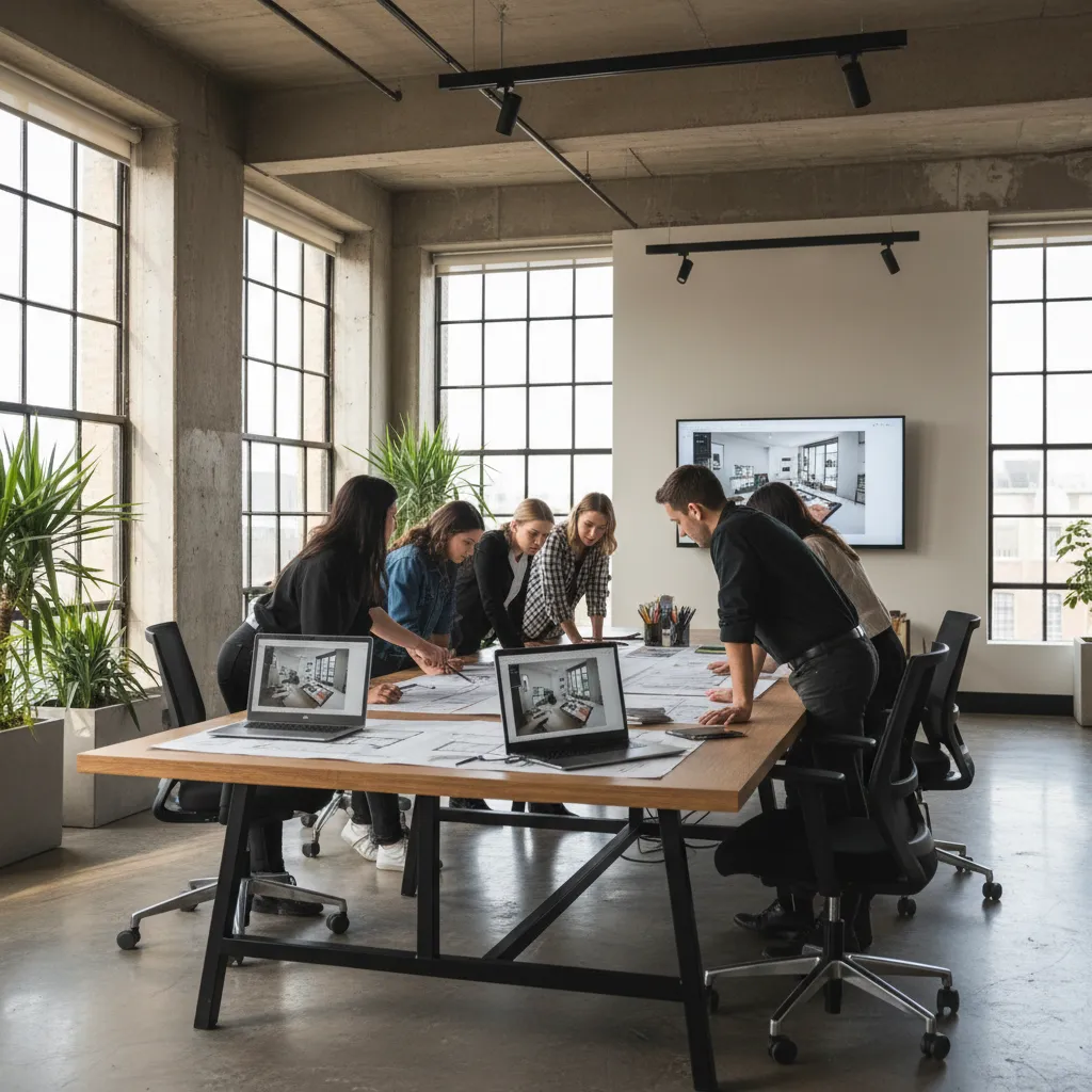 Estudiantes de diseño de interiores analizando planos en una clase moderna