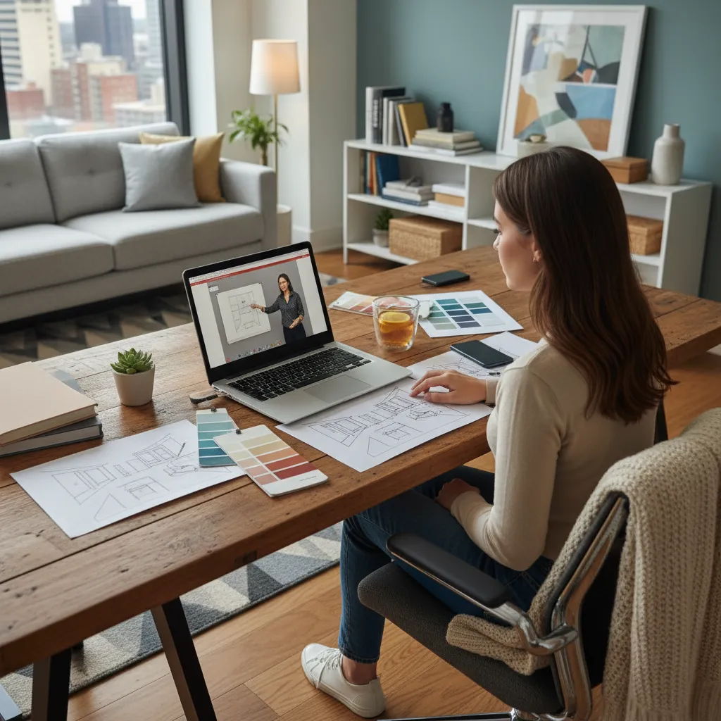 estudiante viendo una clase online de diseño de interiores en su ordenador