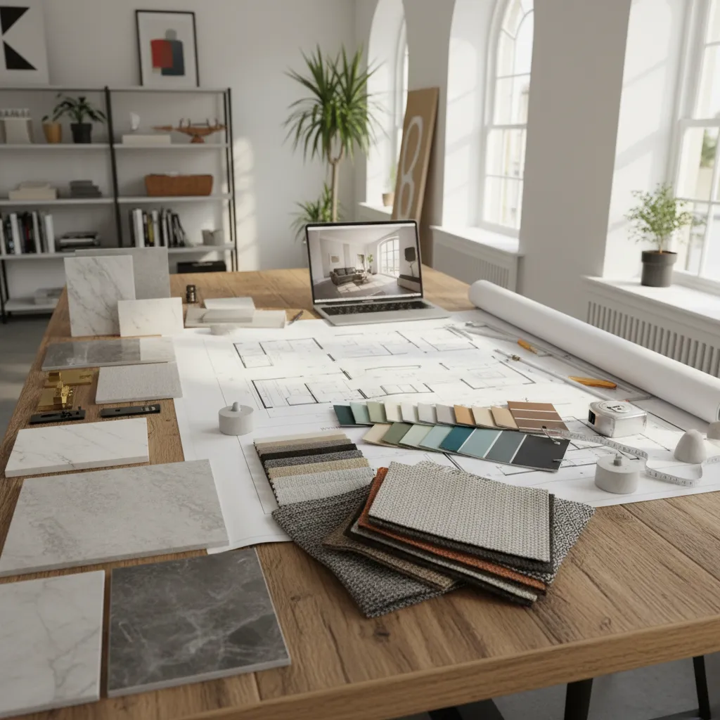 Proyecto de diseño de interiores con planos y muestras de materiales