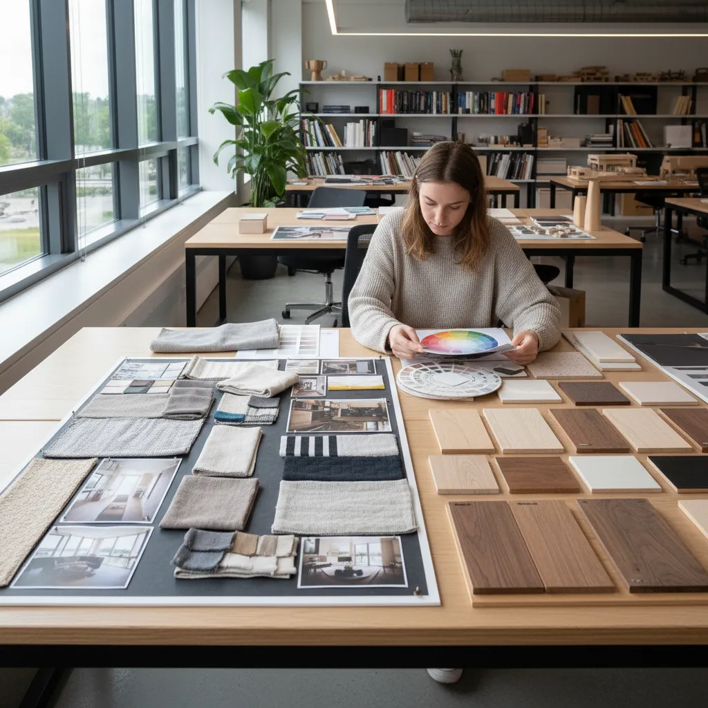 Woman looking at color wheel with fabric swatches wood samples and interior photos on desk