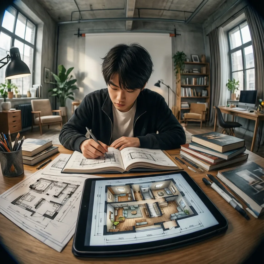 Estudiante aprendiendo diseño de interiores con planos y tablet digital