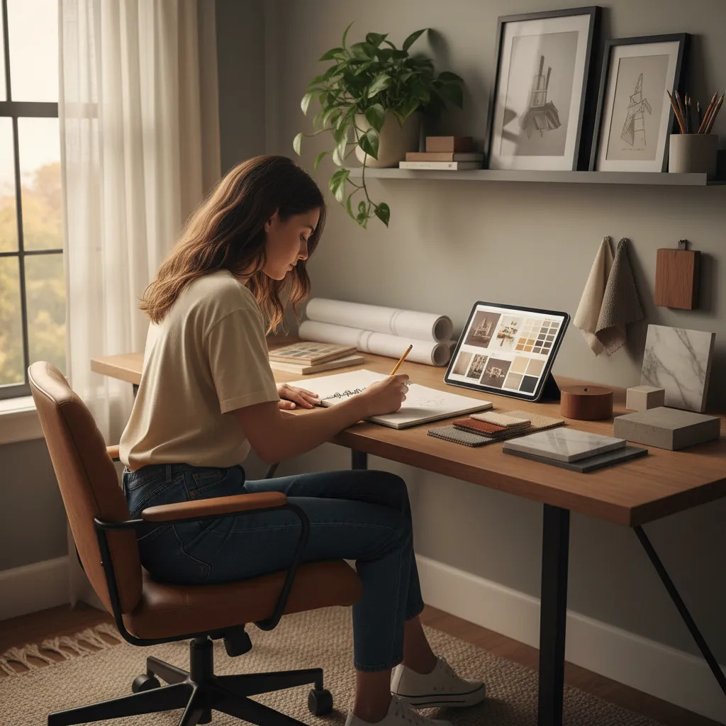 Persona estudiando diseño de interiores con cuaderno de bocetos y tablet