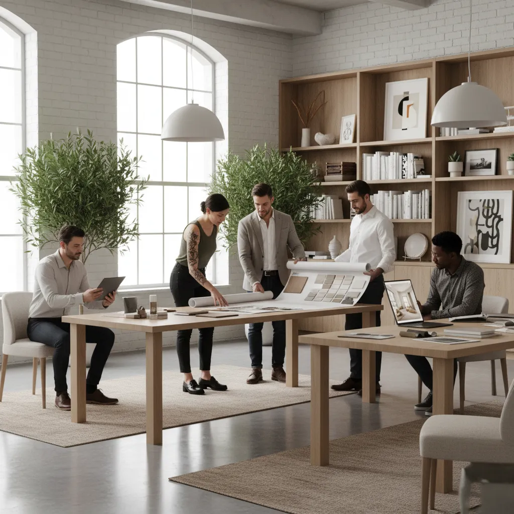 creative interior design studio team collaborating around material samples
