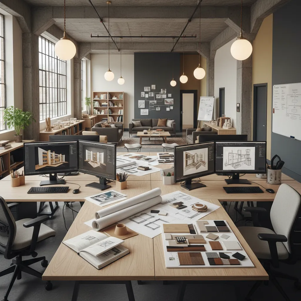Workspace with monitors displaying an interior design drawing paper plans and various material sample boards