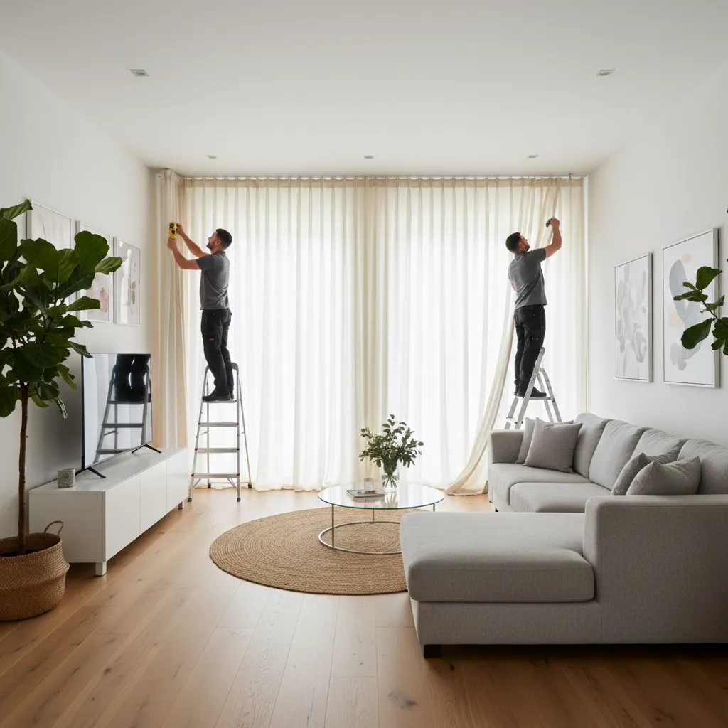 Two men on ladders install long white curtains in modern living room with wood floor