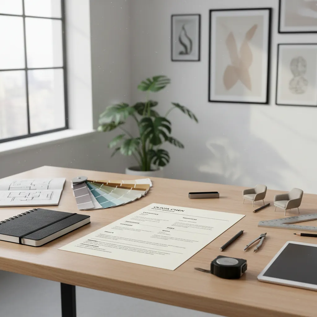 Interior design resume on a wooden desk with color palette notebook pencils and furniture models
