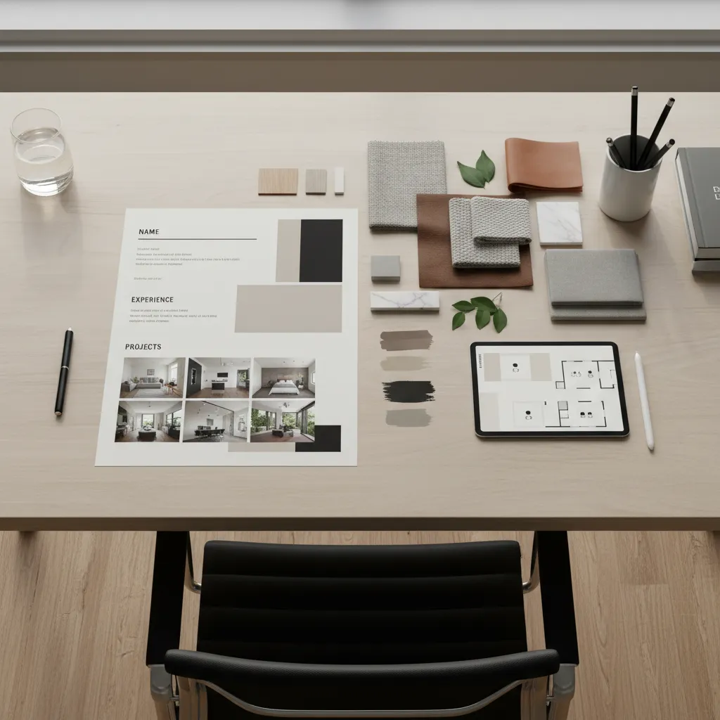 Diseño de curriculum creativo para diseñador de interiores con secciones visuales