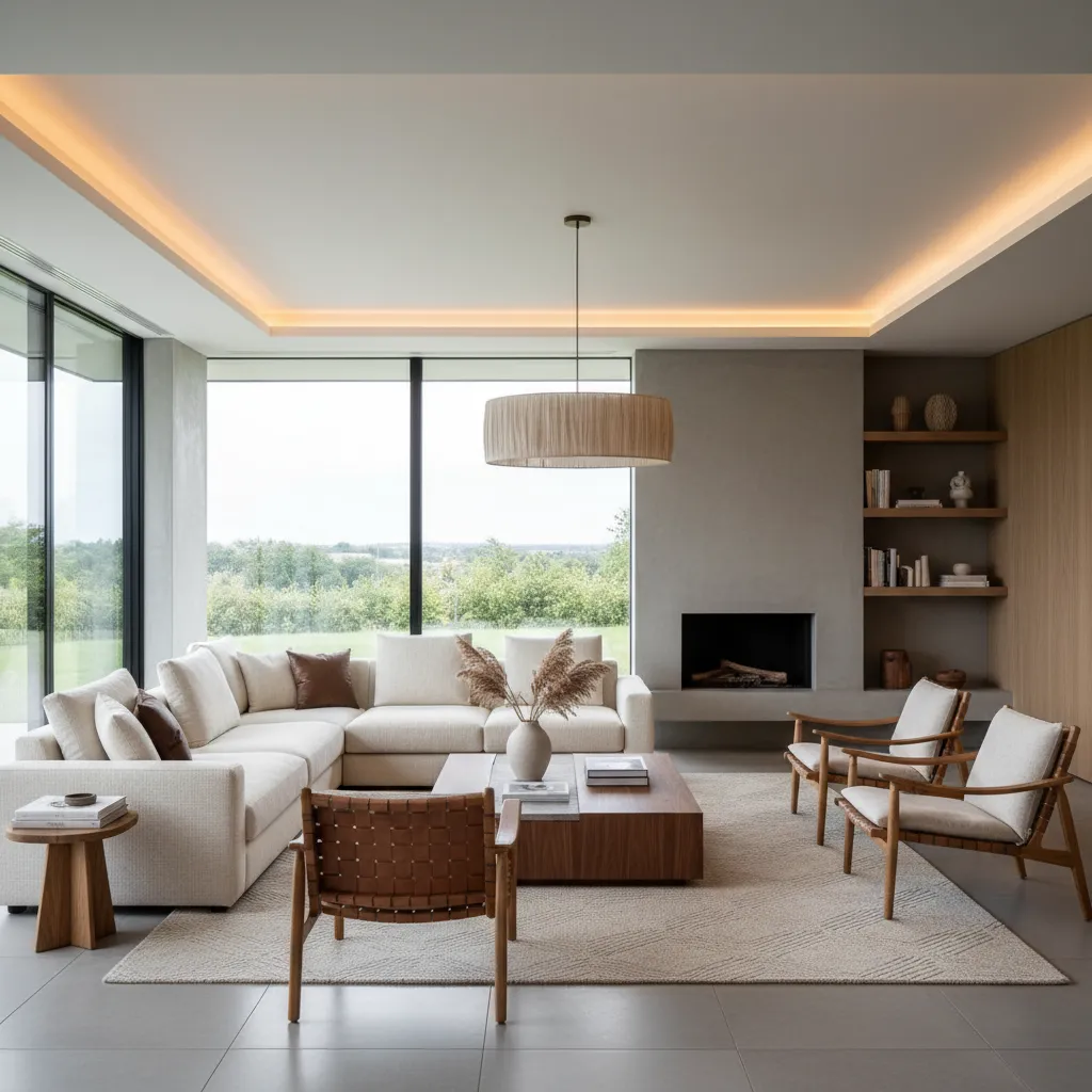 Bright modern living room featuring a cream sofa wooden chairs large windows and a fireplace