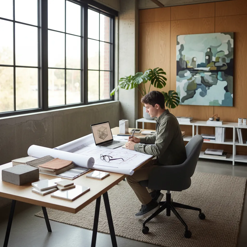 A man working on a desk with a laptop paper floor plans and fabric material samples
