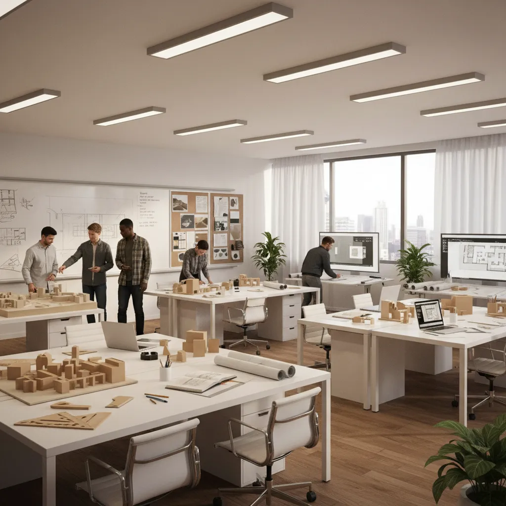 Interior design students working on architectural studio projects with drawings and models