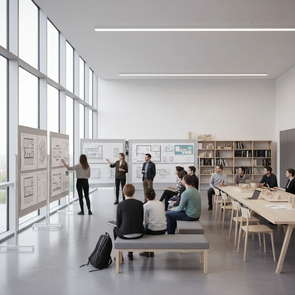 Interior design students presenting large studio project boards and floor plans