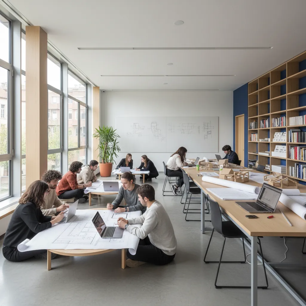 Students sitting on floor and desks studying interior design drawings in bright modern white classroom