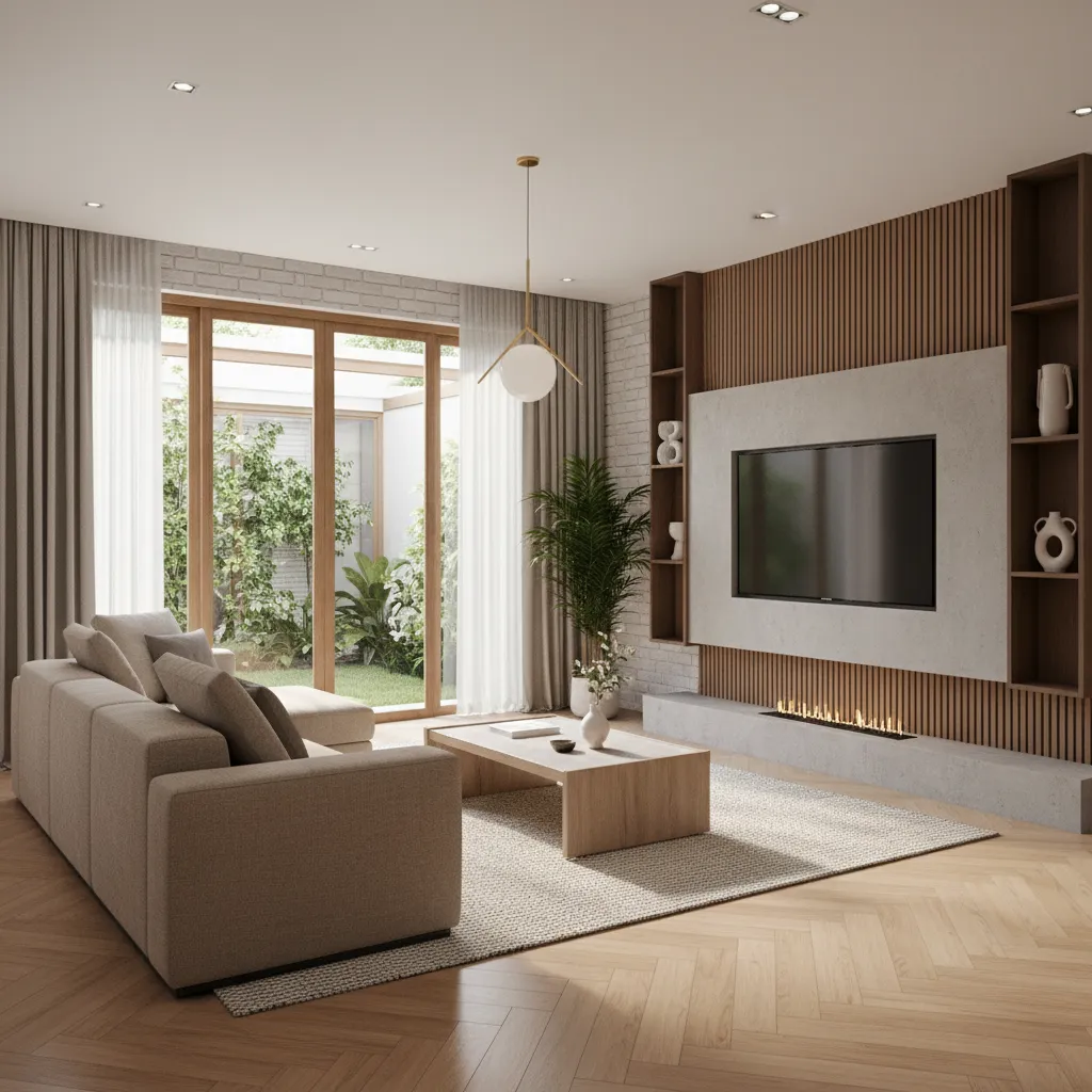 Modern living room with beige sofa wood wall panel television coffee table and ceiling light
