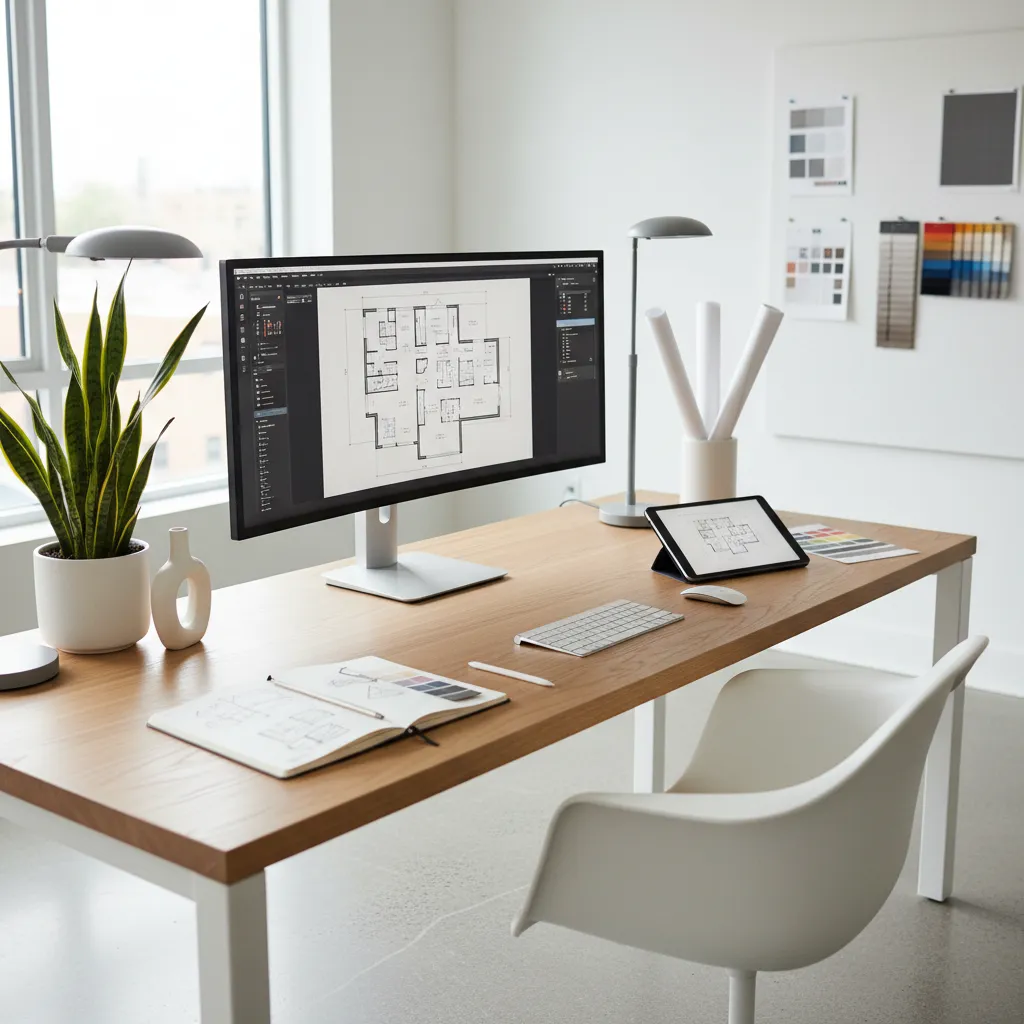 Interior designer working with digital layout software and floor plan diagrams