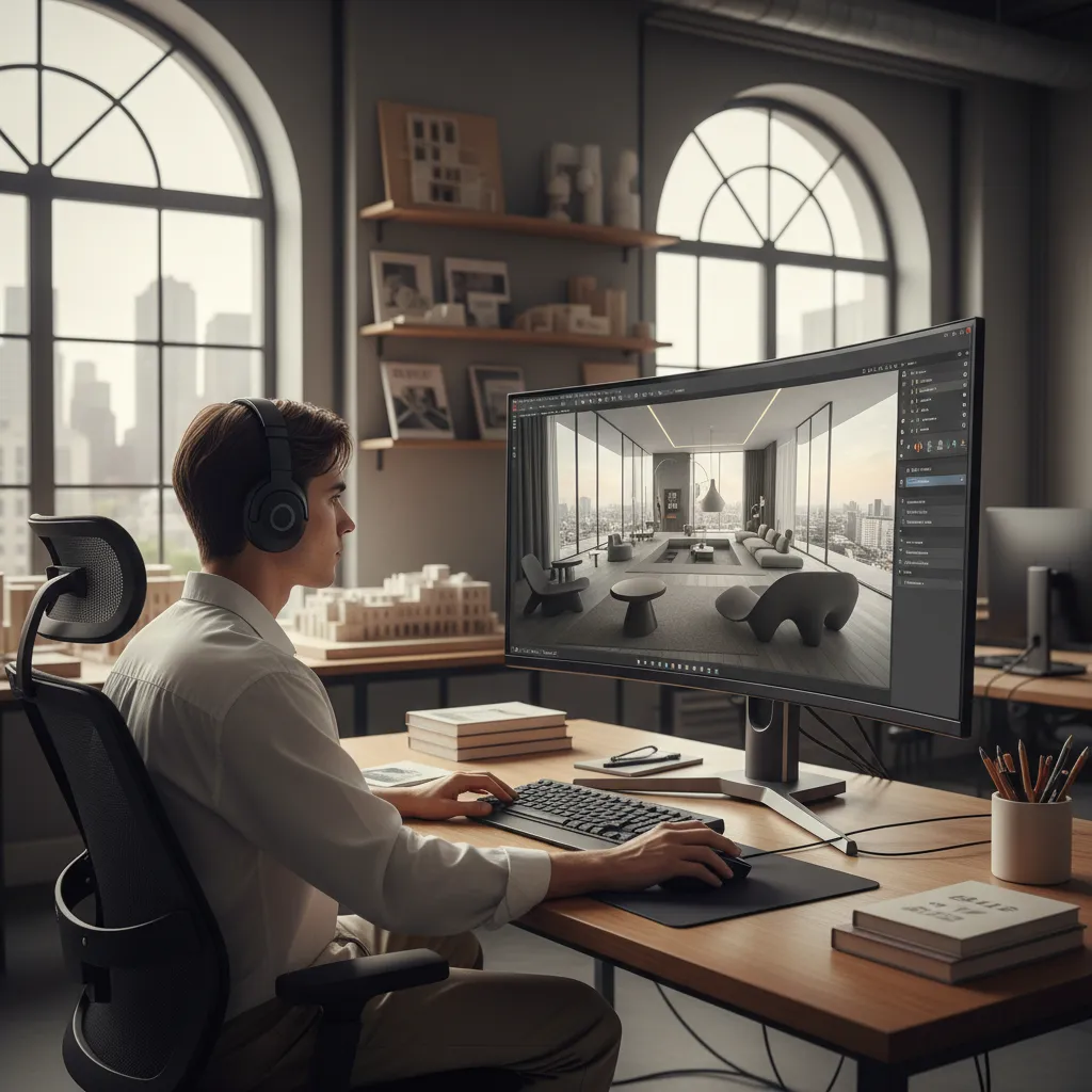 Estudiante utilizando software 3D para diseñar un espacio interior