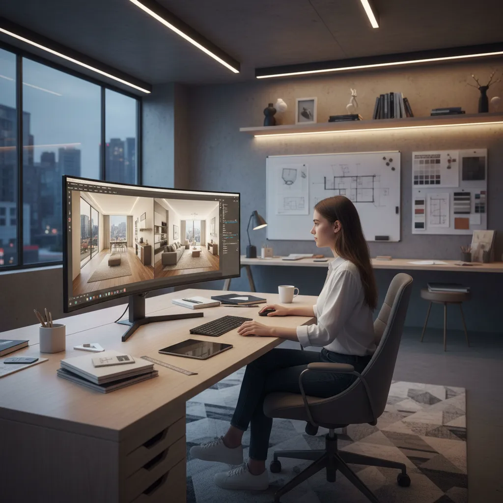 Estudiante de diseño de interiores trabajando con modelado 3D en ordenador