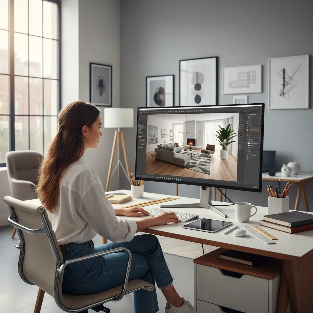 Woman sitting at desk using computer to create living room interior design drawing in office