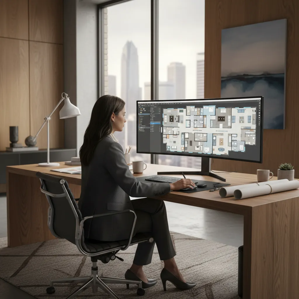 Diseñador trabajando en plano digital de interior en ordenador