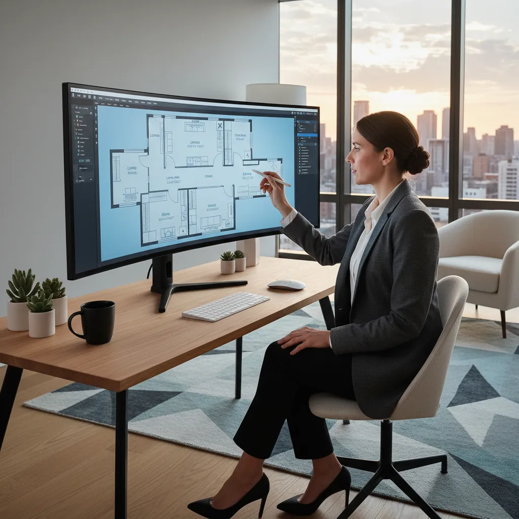 Female designer using a pen to edit a house room layout on a large computer monitor