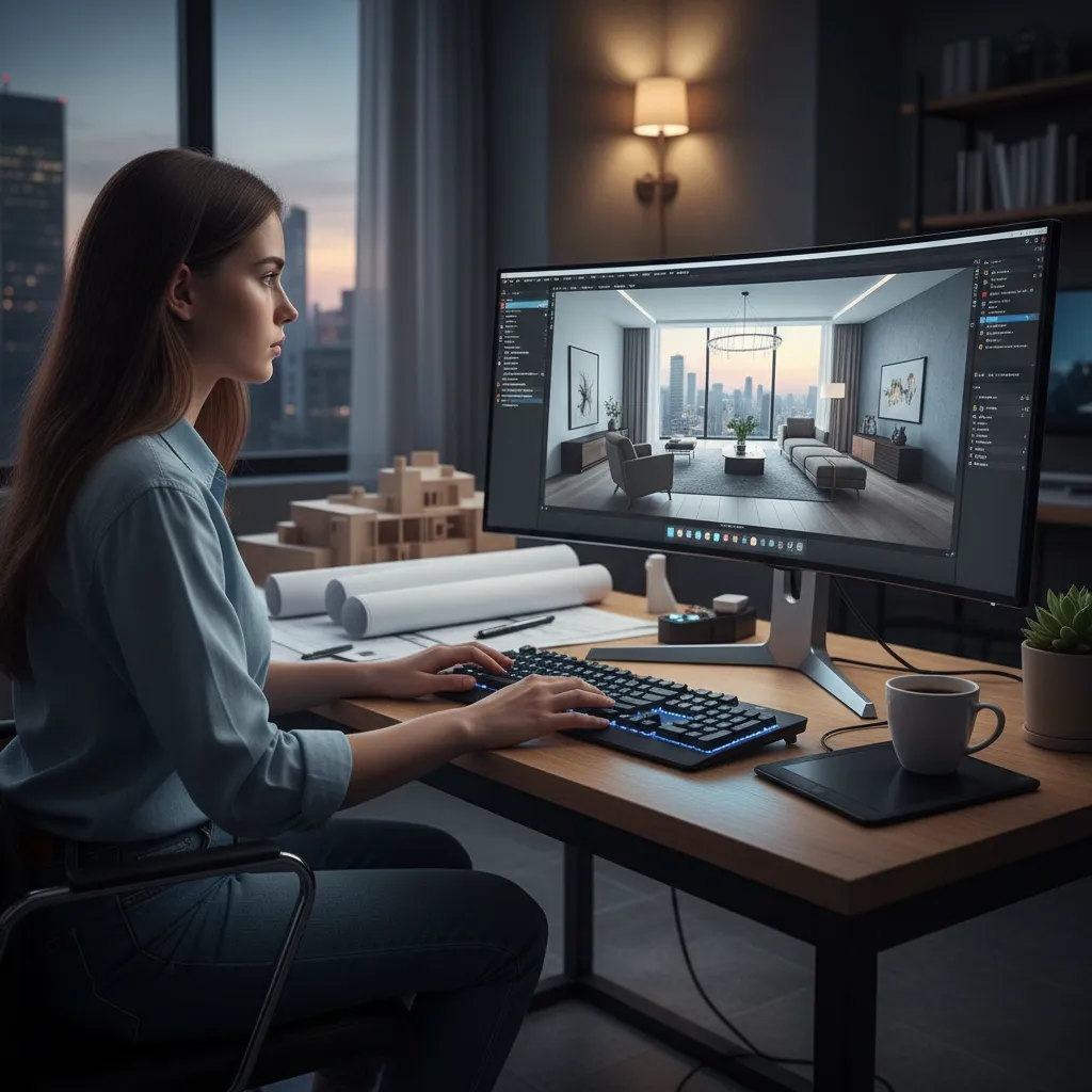 Estudiante utilizando software de diseño interior en computadora