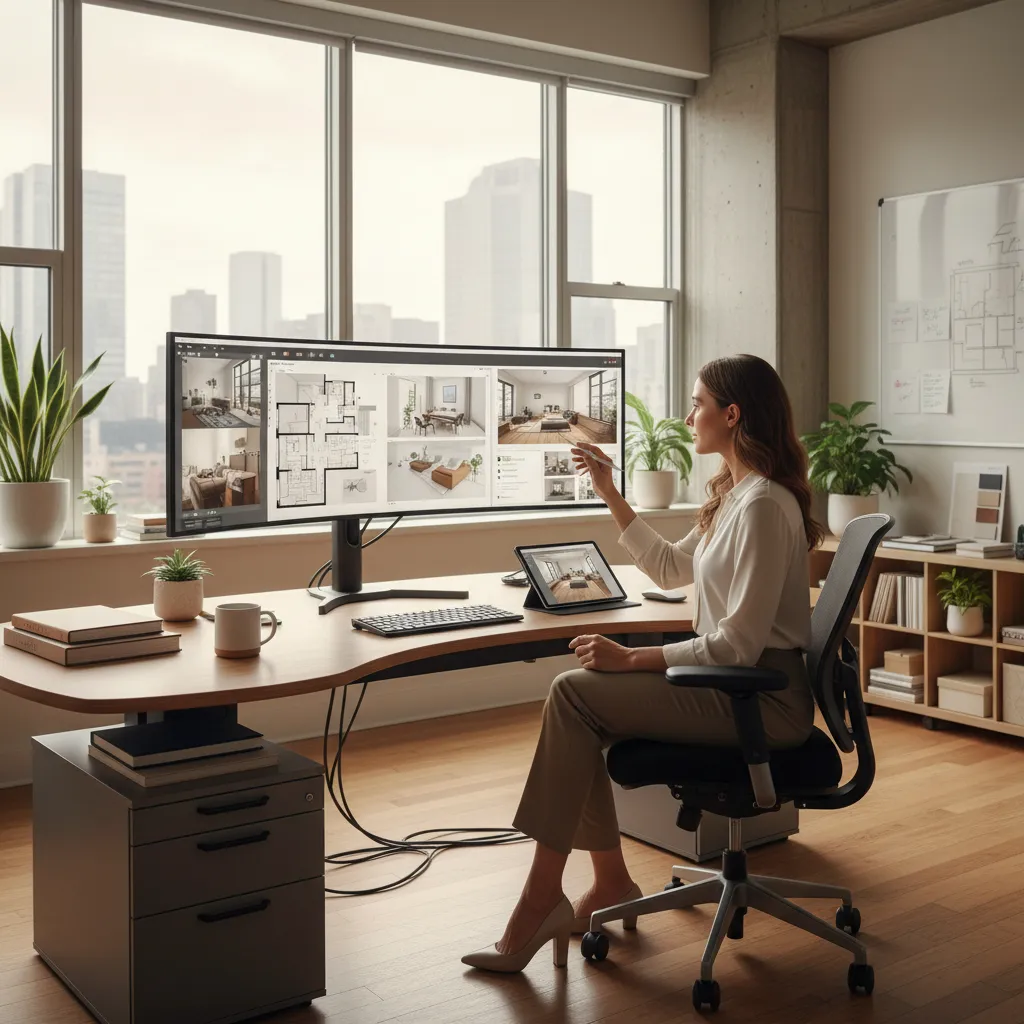 Diseñador preparando láminas digitales de interiorismo en pantalla