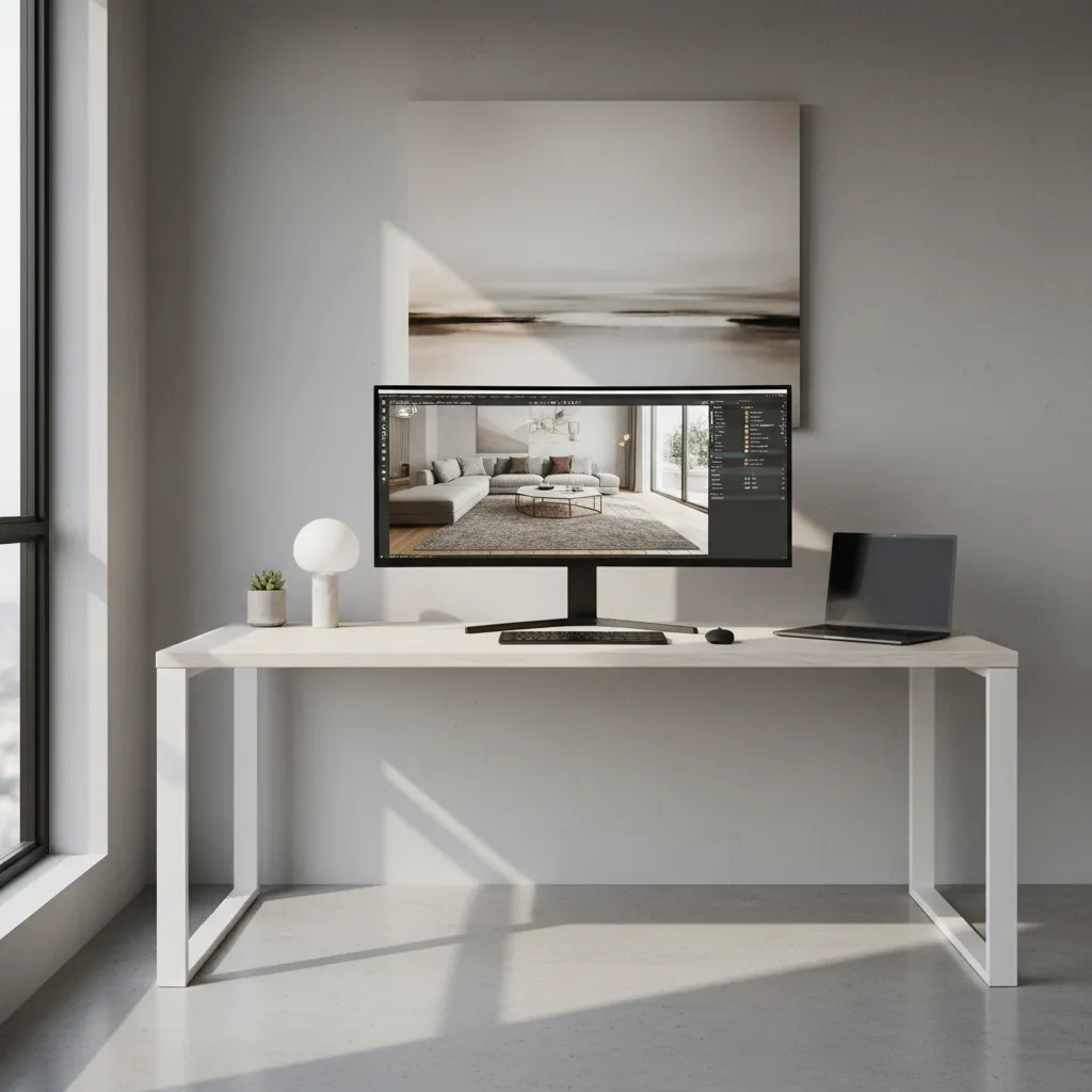 Designer creating a 3D interior rendering on computer in a modern workspace