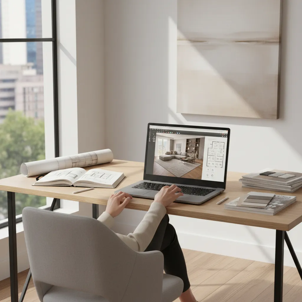 Diseñador creando un boceto digital de una sala en un programa de diseño