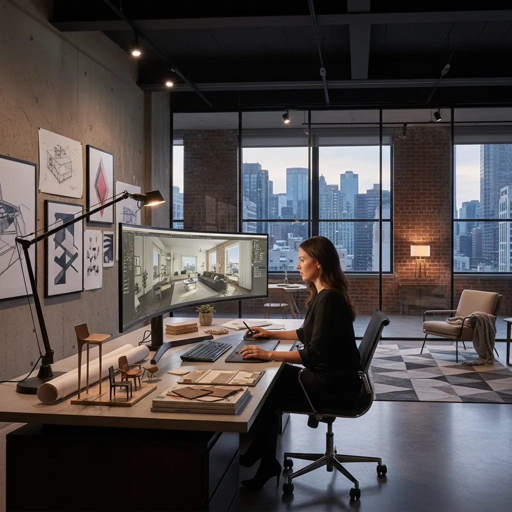 Diseñador usando herramientas digitales para modelar un espacio interior