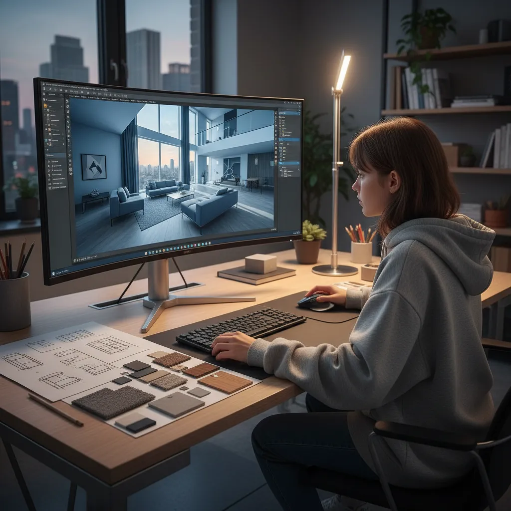 Estudiante creando un modelo 3D de una habitación en computadora