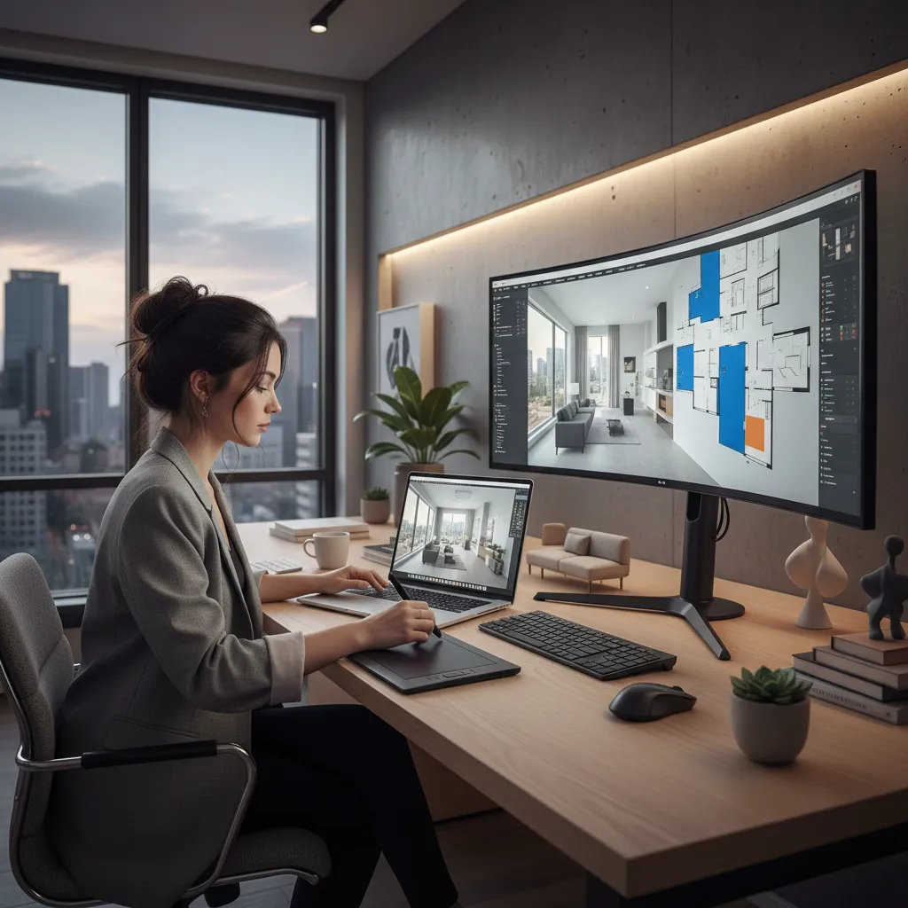 Professional designer working on an interior design drawing using a curved monitor and digital pen