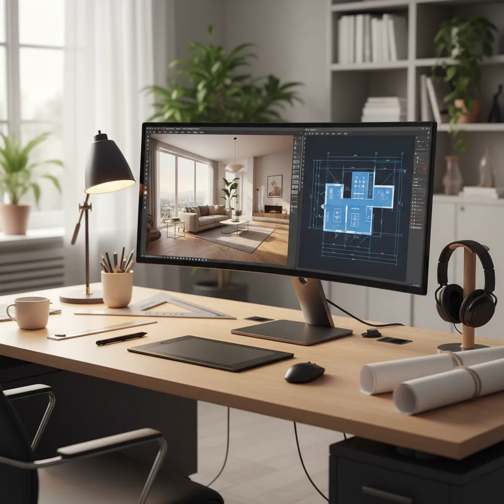 Proceso digital de diseño de interiores con renders y planos en pantalla