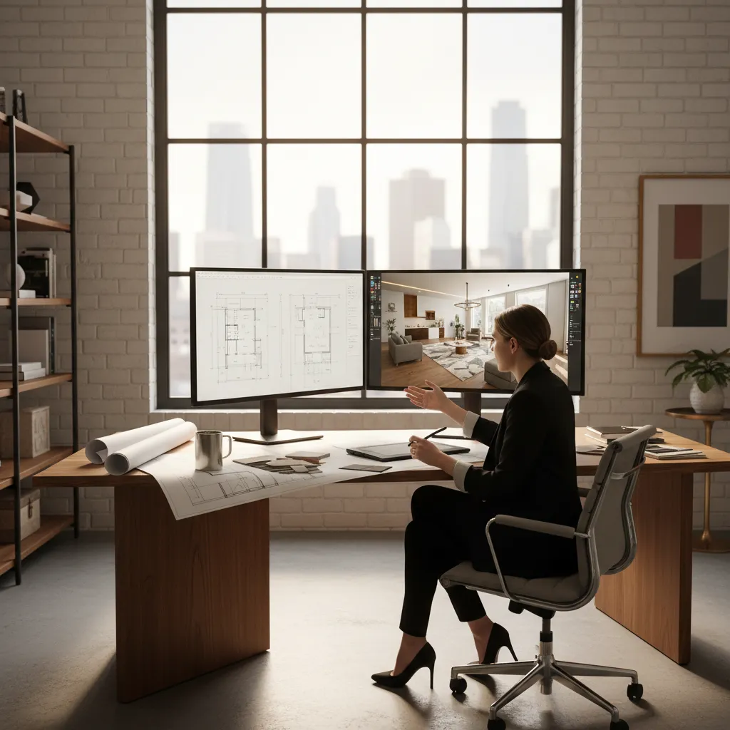 Diseñador revisando plano y modelo 3D de una vivienda en su estudio