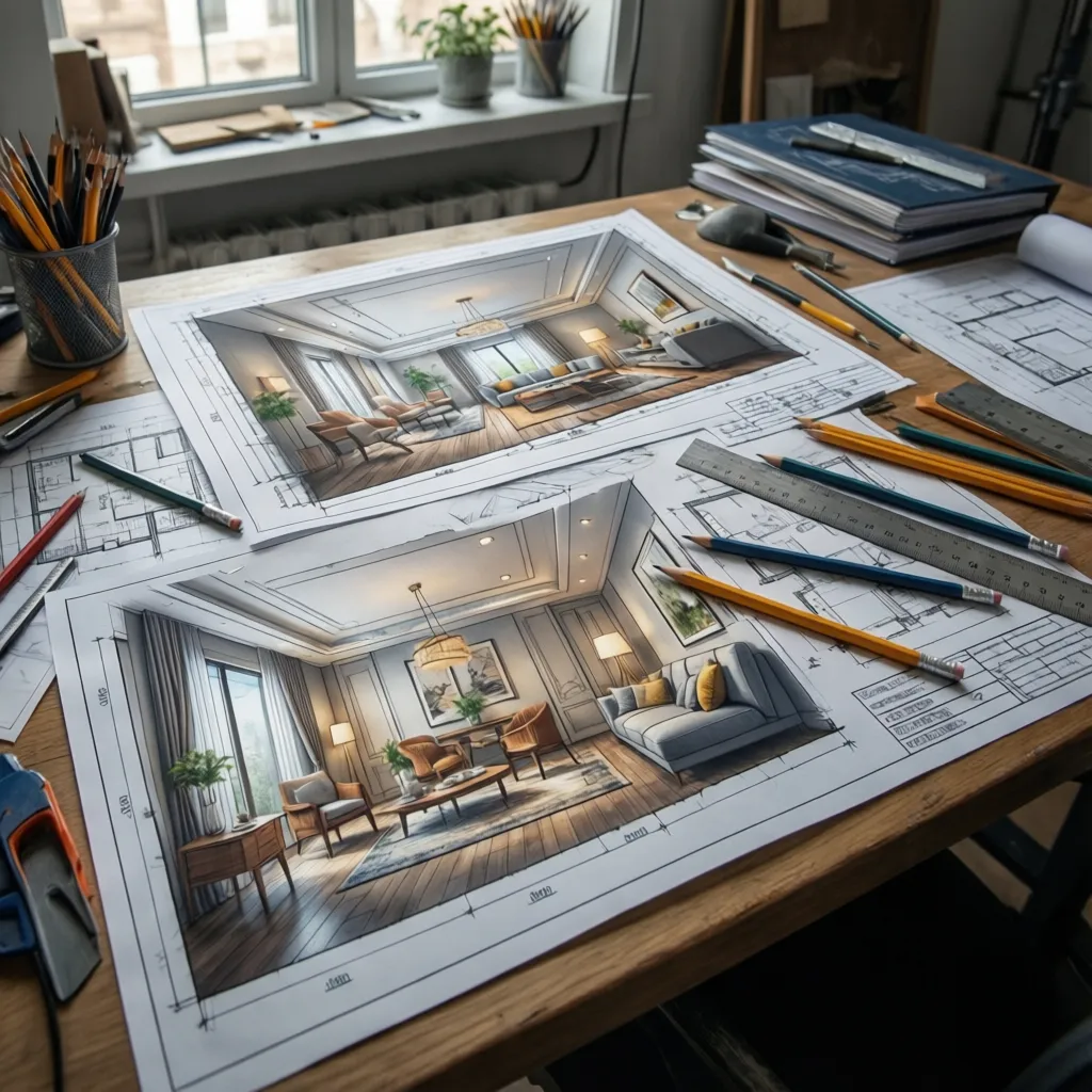 Conjunto de planos técnicos de interiorismo impresos sobre mesa de trabajo