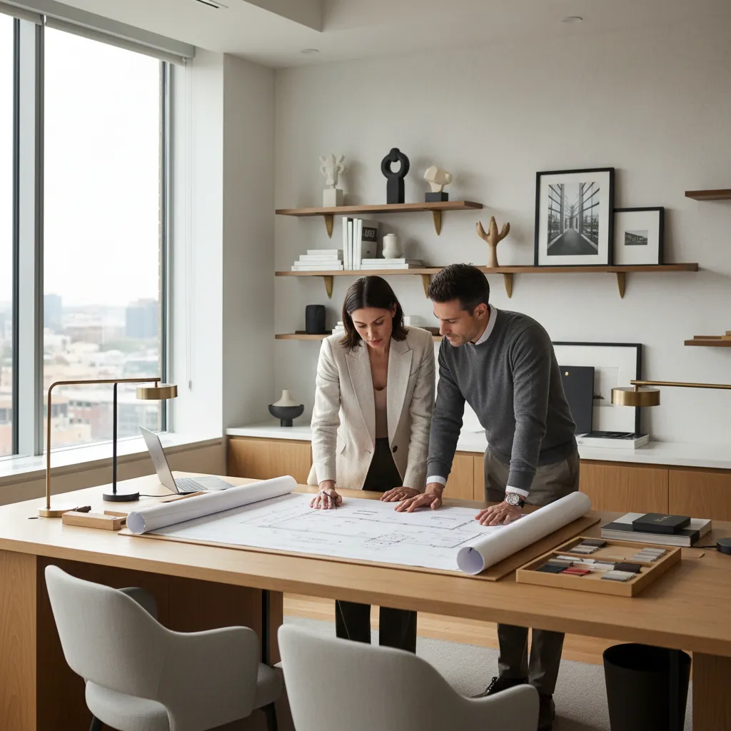 interior designer reviewing cabinet dimensions and layout drawings with homeowner