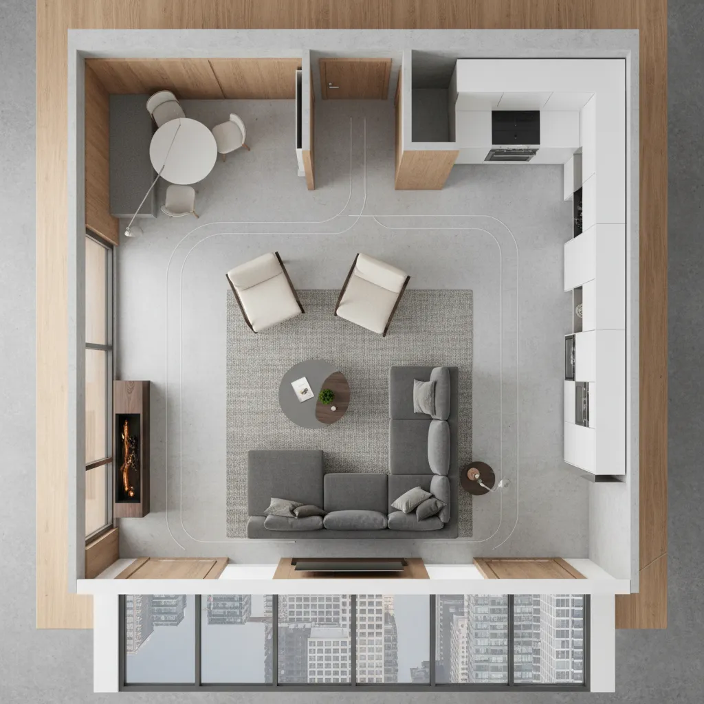 Top down room layout showing modern living room with grey sofa and white kitchen design