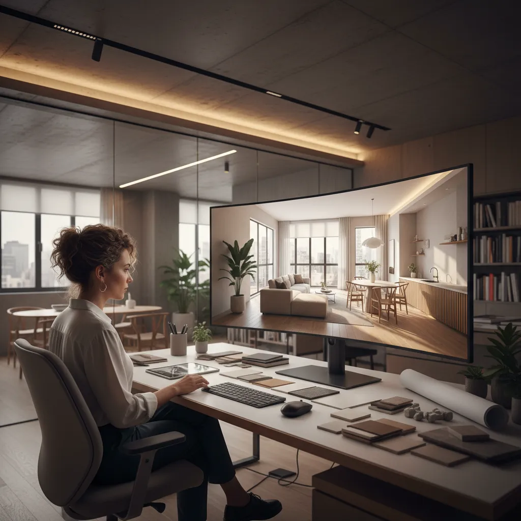 Diseñador evaluando iluminación y distribución en un render interior
